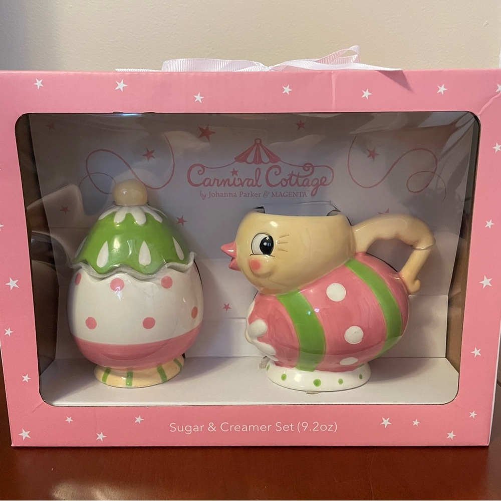 NIB JOHANNA PARKER EASTER EGG SUGAR BOWL & CHICK CREAMER SET Ceramic Spring